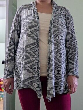 2X Grey Patterned Open-Front Women's Sweater Cardigan